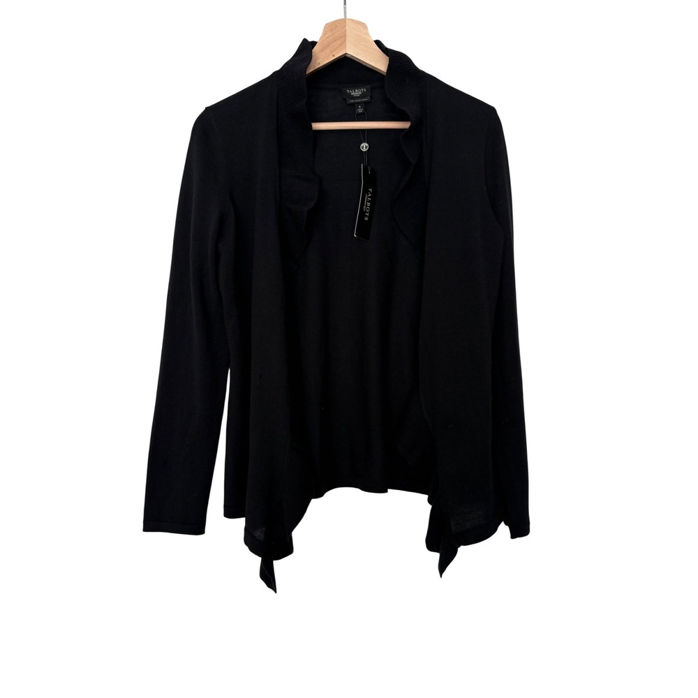 Talbots Black Merino Wool Ruffle Open Front Cardigan Sweater Petite S New